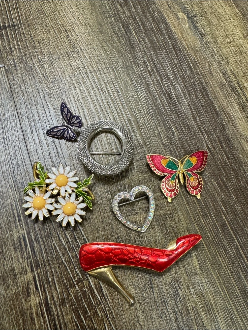 Assorted Women’s Enamel and Rhinestone Brooch Set - Red, Yellow, Green, Silver